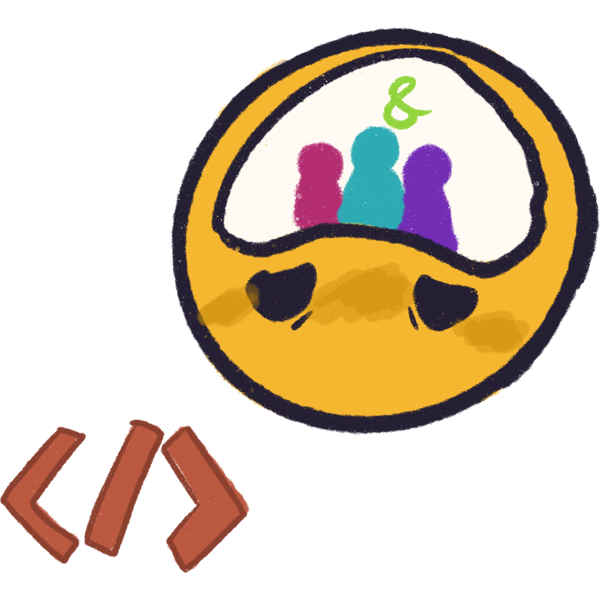 a yellow person looking sad. there forehead is open with a blue, pink and purple person inside. the & symbol is above the three. next to the yellow person is a red </>.
